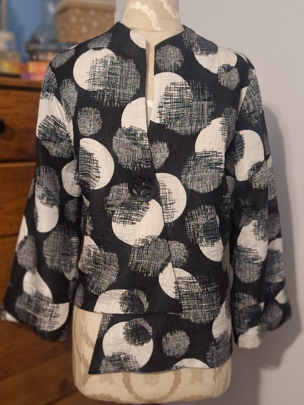 Joseph Ribkoff Asymmetrical Abstract Pattern Jacket - Picture 3 of 15